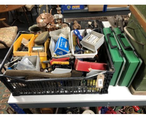 A crate of hand tools and hardware 
