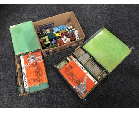 Two boxes of vintage Meccano and a collection of Playworn die cast vehicles