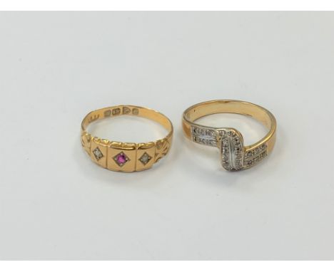 Two 18ct gold rings; one diamond, the other ruby and diamond. (2)
