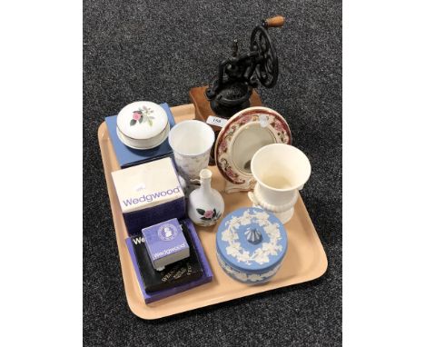 A tray of Wedgwood blue and white Jasperware lidded dish, Masons Mandalay red photograph frame, coffee grinder, Wedgwood pott