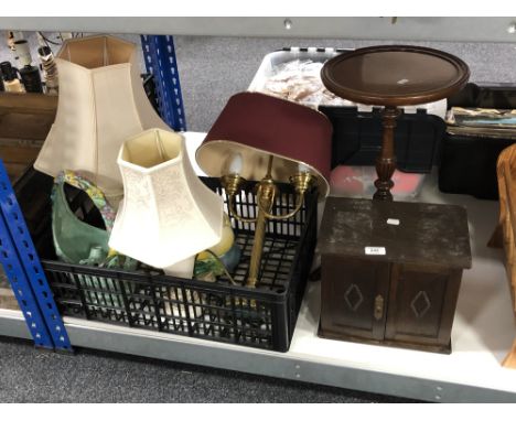 A box of table lamps, mahogany tripod table and oak miniature chest