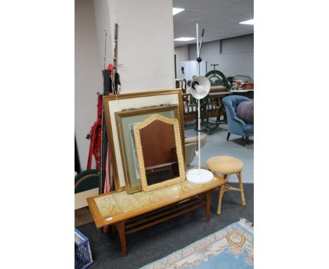 A tiled teak table together with mirror, pictures, angle poise lamp, cigarette cards etc 