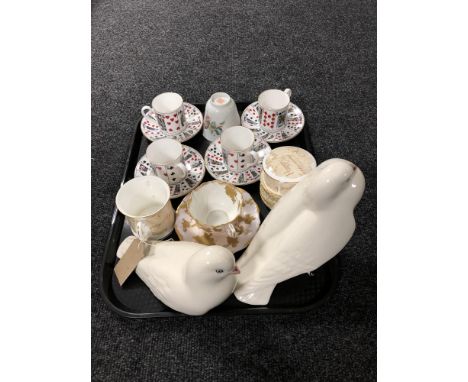 A tray of two Portuguese porcelain figures of doves, Queens fine bone china Playing card pattern coffee cans etc  