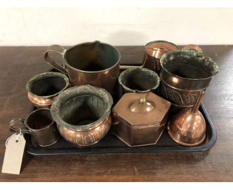 A tray of copper ware - planters, hunting horn, lidded caddy, wine funnel etc 