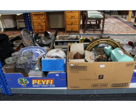 Two boxes of reproduction gilt porthole mirror, glass ware, blue and white meat plate, glass storage jars, halogen lamp etc 