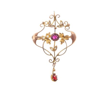 RED GEM SET AND SEED PEARL HOLBEIN,set with red gems and partially set with seed pearls, unmarked