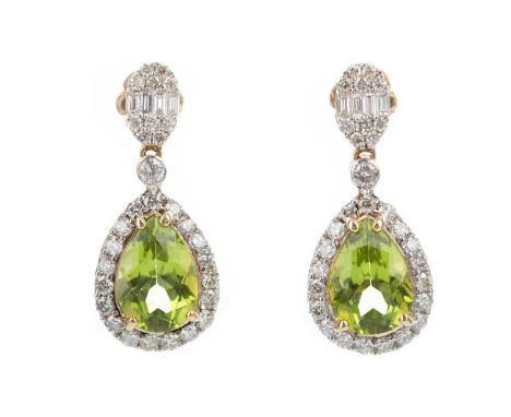 CERTIFICATED PAIR OF PERIDOT AND DIAMOND EARRINGS,set with pear shape peridots totalling approximately 4.58 carats, within a 