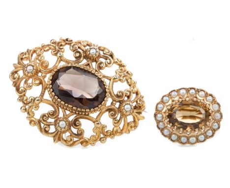 LARGE SMOKY QUARTZ AND PEARL BROOCH,in nine carat gold, along with a smaller example, also in nine carat gold (2)Each general