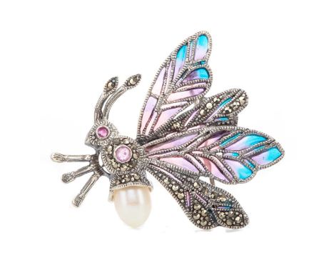 PLIQUE A JOUR INSECT BROOCH,with ruby, pearl and marcasite body, purple and blue enamelled wings, marked 925Lightly worn.&nbs