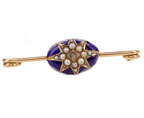 PEARL, DIAMOND AND ENAMEL BROOCH,the central enamelled section with pearl and diamond set star motif, marked 9CT