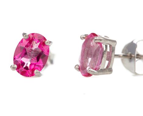 PAIR OF PINK TOPAZ STUD EARRINGS,set with oval stones, in silver