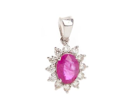 RUBY AND DIAMOND PENDANT,set with an oval ruby of approximately 1.13 carats, within a diamond halo totalling approximately 0.