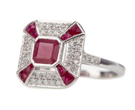 RUBY AND DIAMOND RING,set with step cut rubies totalling approximately 1.00 carat, bordered by round brilliant cut diamonds t