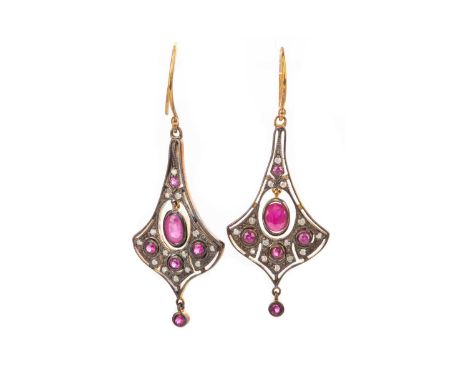 PAIR OF RUBY AND DIAMOND EARRINGS,the fan shaped drops set with round and oval rubies and diamonds, with hook fittings