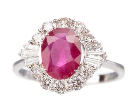 CERTIFICATED RUBY AND DIAMOND RING,set with an oval ruby of approximately 1.78 carats, within a diamond halo, the diamonds to