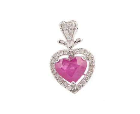 RUBY AND DIAMOND PENDANT,set with a heart shaped ruby of approximately 1.04 carats, within a diamond halo, in eighteen carat 