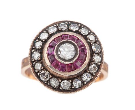 RUBY AND DIAMOND TARGET RING,Georgian style with closed back mount, set with round brilliant cut diamonds and calibre cut rub