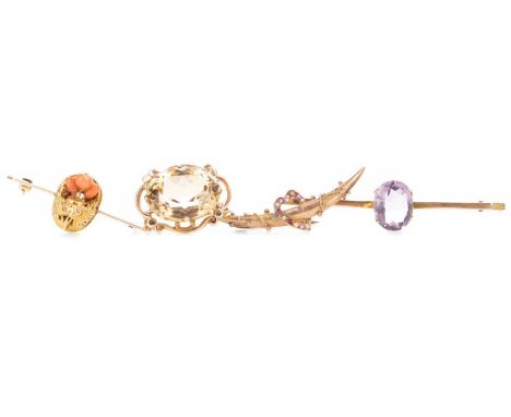 GROUP OF BROOCHES,including a citrine and an amethyst example along with other bar brooches and a sapphire and seed pearl sti