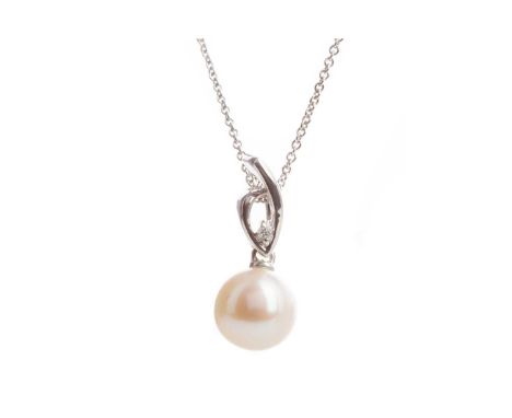 PEARL AND DIAMOND NECKLACE,the spherical pearl suspended beneath a round brilliant cut diamond of approximately 0.03 carats, 