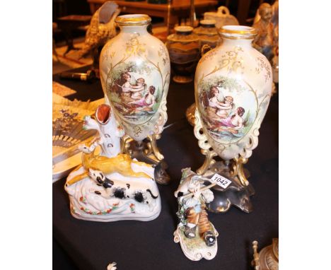 MIXED CERAMICS. Pair of large hand painted ceramic vases, Staffordshire flat back and a ceramics figure