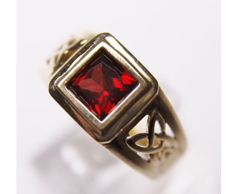 GARNET SIGNET RING. 9 ct gold fancy gents square garnet signet ring, size R