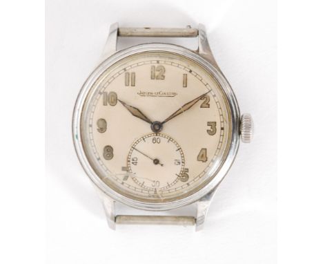 A late 1940s Jaeger le Coultre gentleman's manual wind wrist watch, circular silvered dial with Arabic numbers, original lumi