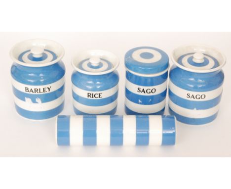 Four T.G Green 'Cornish' ware blue and white striped kitchen storage jars comprising Barley, Sago, Rice and another Sago (of 