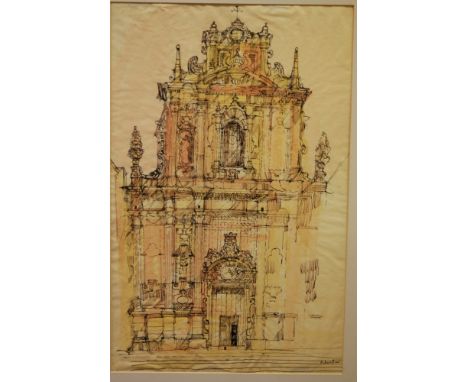 RICHARD BEER (1928 - 2017) - An Italian facade, architectural study, ink and wash drawing, signed, unframed, 57cm x 36cm, als