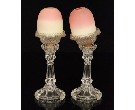 A pair of late 19th Century Thomas Webb and Sons Queens Burmese Fairy Night Lights in a graduated pale pink to yellow, raised
