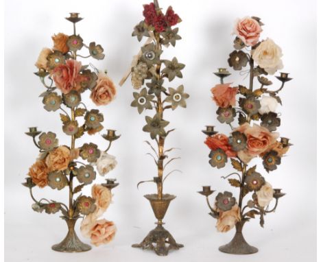 A pair of floral decorated candelabra, together with a similar table lamp. (3)From the estate of the late Richard Beer