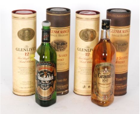 Two one litre bottles of Glenmorange malt scotch whisky, two bottles of Glenlivet, cased and two uncased bottles of Glenfiddi