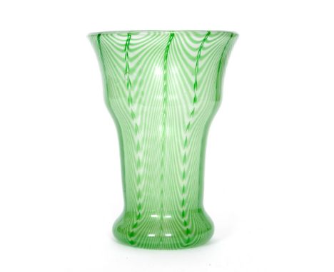 A 20th Century glass vase in the manner of Loetz, of stepped flared form decorated with pulled green trailing to the pale opa