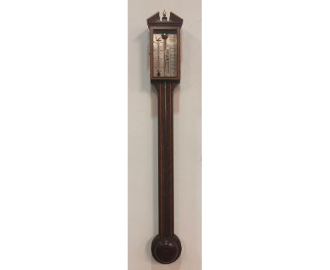 A George III style line inlaid mahogany barometer, the scale signed Comittee London, incorporating a thermometer above a turn