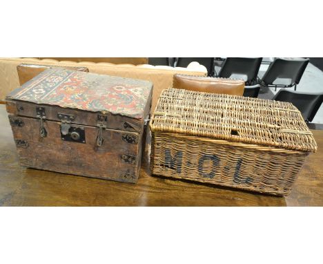 A small wicker hamper, height 26cm and width 55cm, together with a late 19th to early 20th Century metal bound pine chest, he