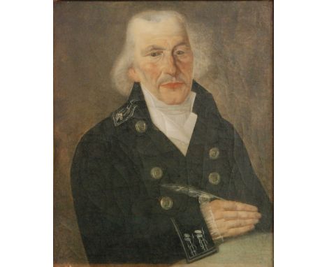 GERMAN SCHOOL, EARLY NINETEENTH CENTURY- 'Portrait of a naval officer seated at his desk' oil on canvas, framed, 61cm x 50cm.