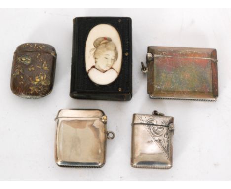 Two late 19th to early 20th Century Japonesque vesta cases, the first formed as a book with an oval portrait of a lady and to