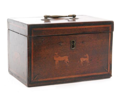 A 19th Century mahogany rectangular tea caddy, the interior fitted with separate canisters and inlaid with naive animal decor