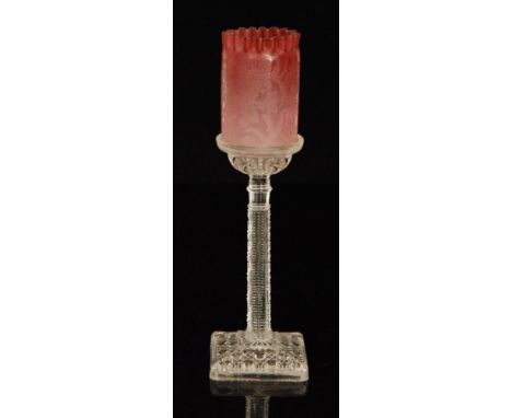 A late 19th Century Stourbridge glass Fairy Night Light shade of cylindrical form with upper frill rim, acid cut with flowers