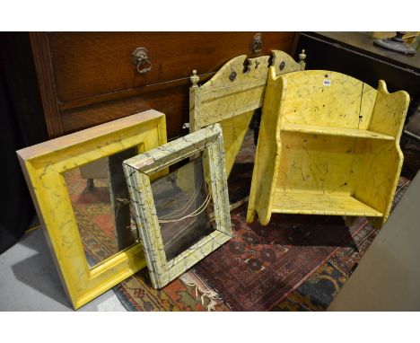 A two tier bracket shelf together with a small Victorian overmantle mirror and two rectangular mirrors, all in a later painte