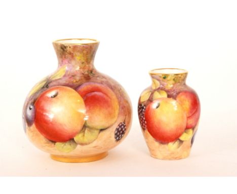 Two later 20th Century Dunheved vases both decorated in the style of Royal Worcester Fallen Fruit by D Wilson with hand paint
