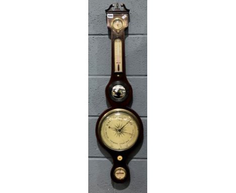 A George III line inlaid mahogany wheel barometer inscribed L Botto Evesham, incorporating thermometer and dry/damp dial, hei