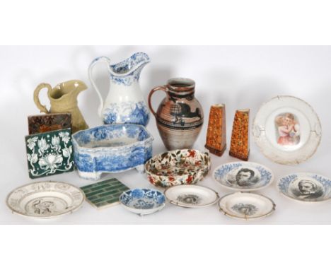 A collection of assorted 19th Century and later ceramics to include various wall plates, a W&R Tyrolean blue and white basin,