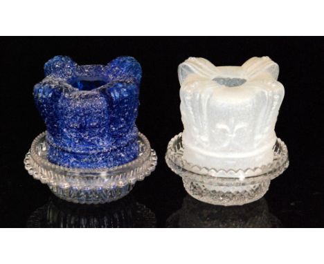 A late 19th Century pressed glass Fairy Night Light shade in the form of a crown in deep blue with applied clear crystal frit