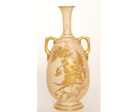 A late 19th Century Royal Worcester shape 1762 twin handled blush ivory vase decorated with a spray of ferns and foliage in r