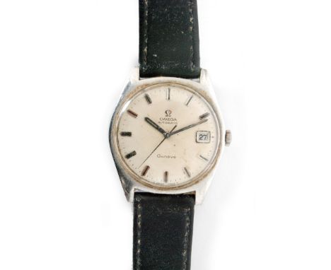 A 1970s stainless steel Omega automatic gentlemans wrist watch, circular silvered dial with black and silver baton markers, d