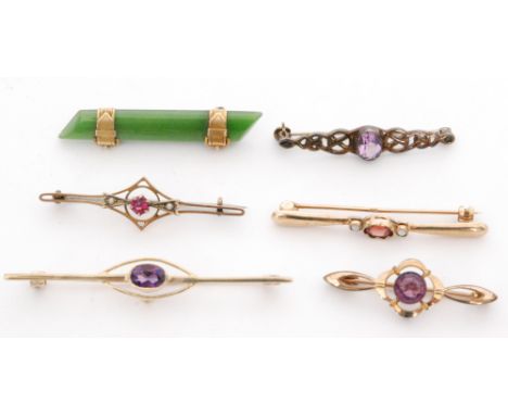 Three 9ct stone set bar brooches to include garnet and opal amethysts and tourmaline, stamped, and three other stone set exam