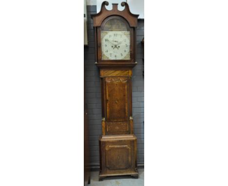 A 19th Century oak and mahogany crossbanded longcase clock with a later associated eight-day movement, the twin scroll neck p