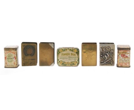 A German Ist World War brass match slip case inset with a coin, another BAF 1914-1918 example, two others, a button tin and t