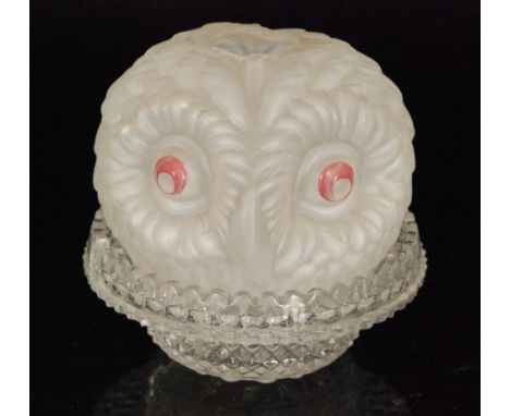 A late 19th Century Continental pressed glass night light shade in the form of an owl with enamelled detail to the eyes, moun