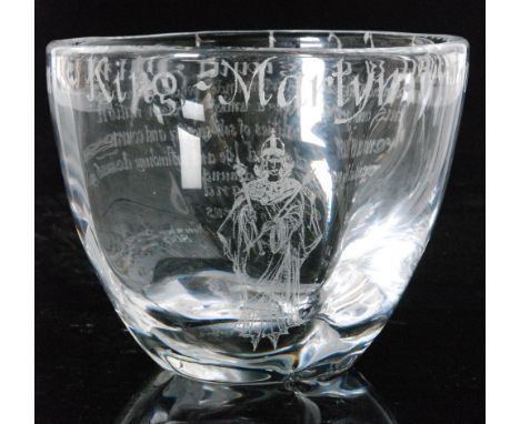 A later 20th Century Orrefors clear crystal bowl of fluted circular form, later engraved by Geoffrey Bird to commemorate Sain